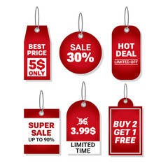 Set of price tag, sale, and promotions. Red and white color. Suitable for marketing, social media, poster, or banner