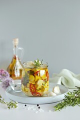 Marinated Feta or Halloumi Cheese with Garlic Infused Oil. Copy space