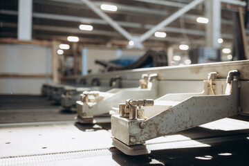 Conveyor belt for production a window pane. Industrial equipment. Background