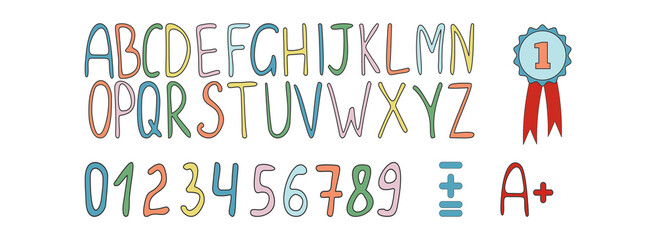 Simple colored alphabet and numbers. Hand-drawn.