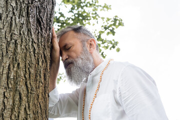 low angle view of senior guru man with grey beard meditating near tree trunk with closed eyes.