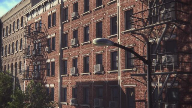 Establishing Shot: 3D VFX Animated Brick Multi-Storey Apartment Building. Twentieth Century Brownstone House. Urban Landscape During Day Time of a House with Emergency Stairs and Air Conditioning.