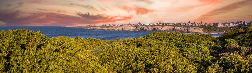 Beautiful panoramic view of the South African landscape of Hermanus on the coast of the Atlantic Ocean, one of the best places in the world to see whales. - obrazy, fototapety, plakaty