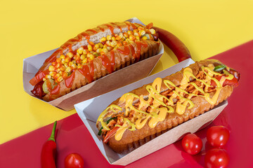 Hot dog with sausage in a paper box with tomatoes and corn, chili peppers, cucumber and lettuce. On a red background. Fast food.