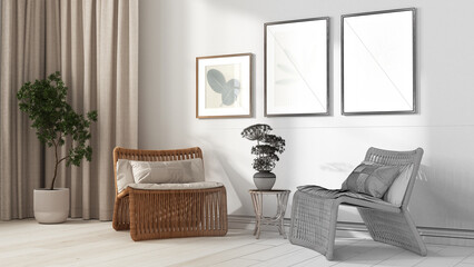 Architect interior designer concept: hand-drawn draft unfinished project that becomes real, living room. Rattan armchairs with pillows, curtains, potted plants. Frame and parquet