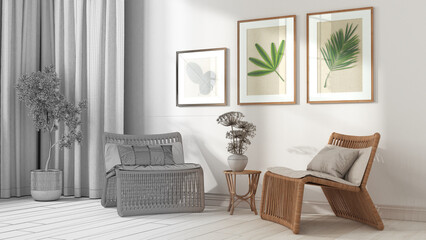 Architect interior designer concept: hand-drawn draft unfinished project that becomes real, living room. Rattan armchairs with pillows, curtains, potted plants. Frame and parquet