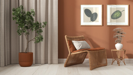 Modern living room in white and orange tones. Close up. Rattan armchair with pillows, curtains, pictures and potted plant. Parquet floor and plaster walls. Retro interior design