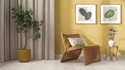 Modern living room in white and yellow tones. Close up. Rattan armchair with pillows, curtains, pictures and potted plant. Parquet floor and plaster walls. Retro interior design