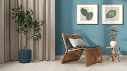Modern living room in white and blue tones. Close up. Rattan armchair with pillows, curtains, pictures and potted plant. Parquet floor and plaster walls. Retro interior design
