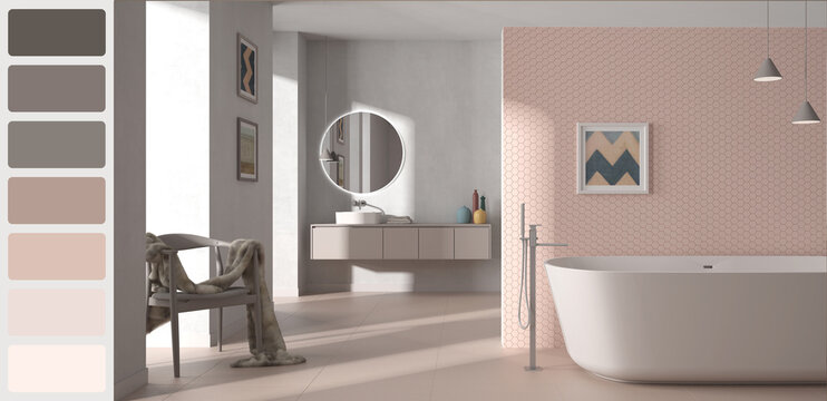 Interior design scene with palette color. Different colors and patterns. Architect and designer concept idea. Vintage bathroom with tiles. Bathtub and washbasin with mirror