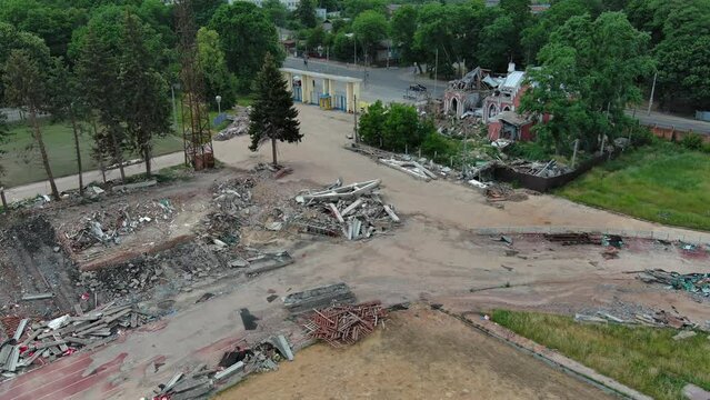 Chernihiv, Ukraine - June 27, 2022: War in Ukraine. A blown up football stadium as a result of a rocket attack in Chernihiv.