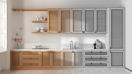 Architect interior designer concept: hand-drawn draft unfinished project that becomes real, kitchen. Cabinets with shutters and rattan drawers, sink and gas hob, pottery and decors