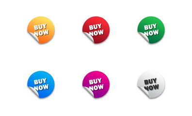 Buy Now icons set. Round colorful sticker with offer message. Flat vector illustration.