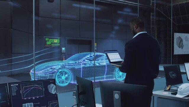 Engineering Agency Perform Aerodynamic Testing with a Modern Eco-Friendly Electric Sports Car Render in a Wind Tunnel. African American Researcher Works on a Tablet and Changes Testing Options.