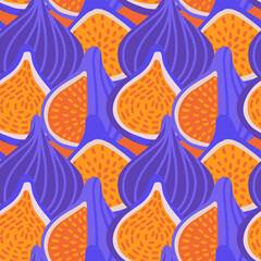 Summer fruits seamless pattern with fig purple and orange ornament. Perfect for fabric design, textile print, wrapping, cover. Vector flat hand drawn illustration.