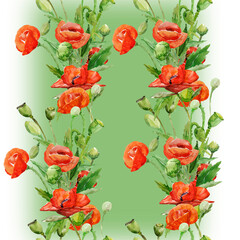 Poppies seamless pattern.Image on white and colored background.Watercolor.