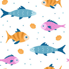 Cartoon fish seamless pattern. Sea life theme background with different tropical fish.  Ocean, wildlife or baby animals wallpaper. Flat design.