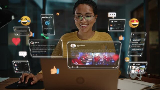 Beautiful Short Haired Project Manager Working on Computer in Office. Augmented Reality Social Media Icons Appear From Worker's Laptop. Internet of Things, Internet Connectivity and Online Concept.