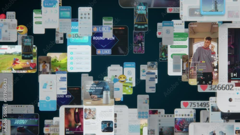 Poster VFX Animated Background with Virtual Social Media Reality Interconnected by Internet Into Worldwide Web. Internet of Things Concept with Videos, Avatars, Profiles Flowing in Online Information Space.
