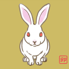 白うさぎ　正面　日本画風　卯年年賀状素材