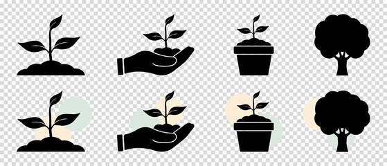 Plant Icon Set With Tree, Pot And Open Hand - Different Vector Illustrations Isolated On Transparent Background