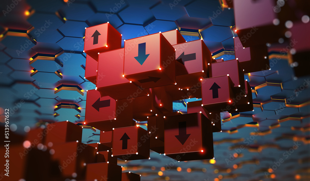 Leinwandbilder Info blocks, direction of data transfer. Big data array in blockchain concept. 3D illustration hi-tech