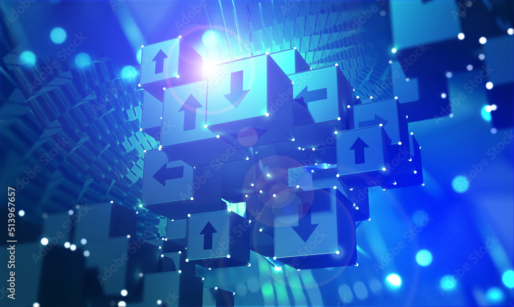 Aufkleber Info blocks, direction of data transfer. Big data array in blockchain concept. 3D illustration hi-tech