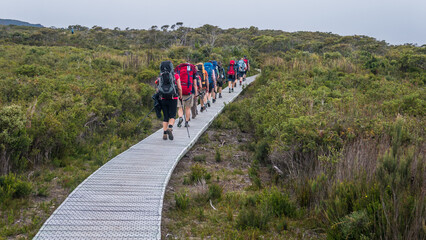 People walk on a raised boardwalk along the Three Capes Track in south-east Tasmania. March 2020