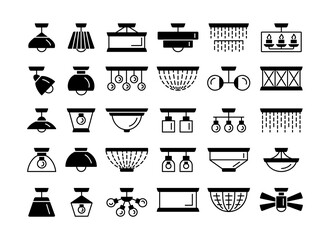 Ceiling lamps. Flush mount lights. Modern and traditional led fixtures. Flat silhouette icon set. Signs for lighting and electric stores