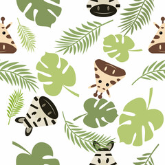 seamless children's pattern, pattern for children's textiles, animals, nature, africa, zebra, giraffe, palm leaves, textiles, packaging, print, exotic animals triangle faces, simple animal shapes, tri