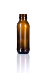 Empty brown medicine pill glass Bottle and reflection isolated on white background, Suitable for Mock up creative graphic design, clipping path.