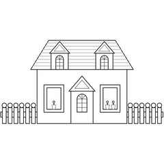 Black and white vector image of a house with a fence 