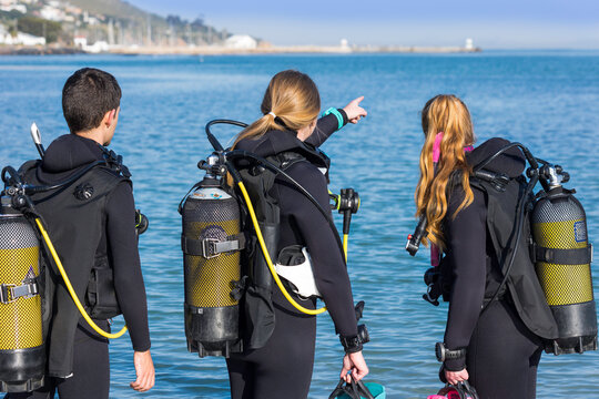 Scuba divers in training on the beach planning their dive, pointing out to sea wearing their full dive kit
