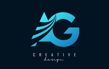 Creative blue letters AG a G logo with leading lines and road concept design. Letters with geometric design.