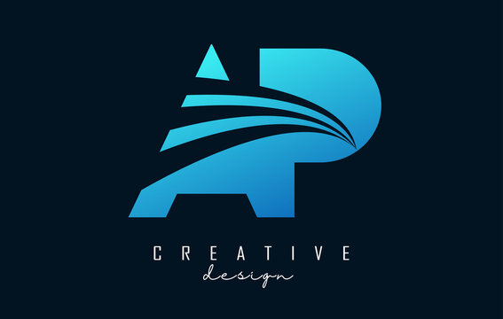 Creative blue letters Ap A p logo with leading lines and road concept design. Letters with geometric design.