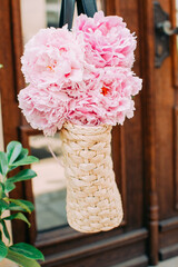 basket bag with pink peonies
