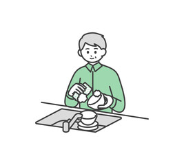 Fototapeta na wymiar 食器を洗う高齢男性のイラスト素材