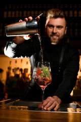 charming view on glass with ice cubes in which bartender accurate pouring cocktail