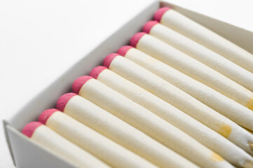 A set of hunting matches in the box for lighting a fire in camping conditions. Special matches for burning in the rain and strong wind. Selective focus