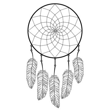 Hand drawn dreamcatcher with feather. Bohemian talisman, boho ethnic style, magic tribal symbol. Vector illustration isolated on a white background.