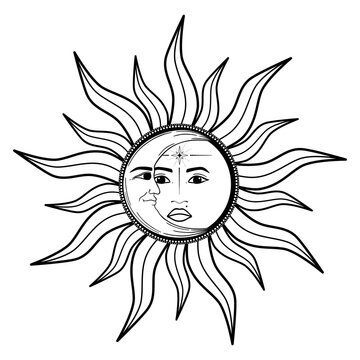 Hand drawn mystical Sun with woman face, Moon with man face. Spiritual symbol celestial space. Magic talisman, antique style, boho, tattoo, logo. Vector illustration isolated on white background.