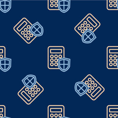 Line Security system control panel with display icon isolated seamless pattern on blue background. Keypad of security system for entering inside. Vector