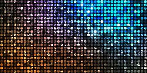 Shining lights party leds on black background. Digital illustration of stage or stadium spotlights. Glowing pattern wallpaper. Glamour background of colorful lights with spotlights. - 513975024