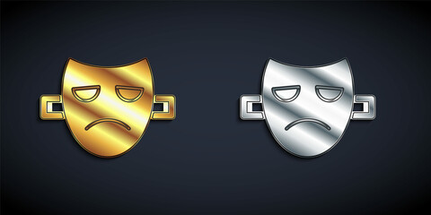 Gold and silver Drama theatrical mask icon isolated on black background. Long shadow style. Vector