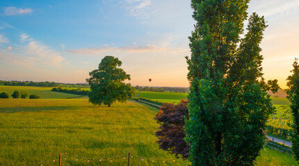 Fields and trees in a green hilly grassy landscape under a blue sky at sunset in spring, Voeren, Limburg, Belgium, June, 2022