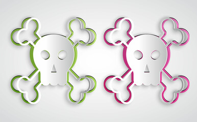 Paper cut Skull on crossbones icon isolated on grey background. Happy Halloween party. Paper art style. Vector