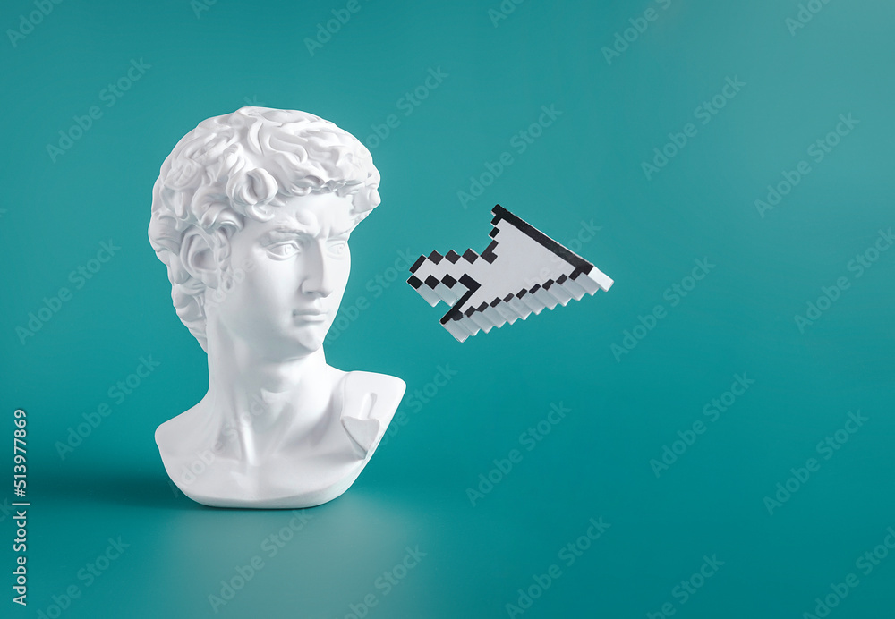 Poster sculpture head and bust of michelangelo's david along with modern digital technology pixel pointer m