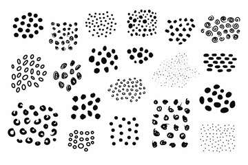 Seamless polka dot set. Black hand-drawn spirals, commas, brushes isolated on white background. Neutral cozy ornament. Various points, rings, spots collection. Design element. Vector illustration
