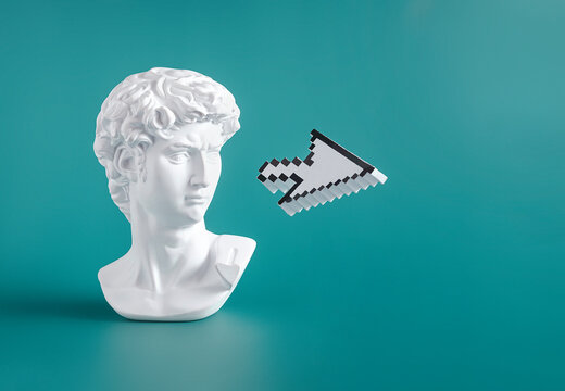 Sculpture head and bust of Michelangelo's David along with modern digital technology pixel pointer mouse cursor. Minimal creative vaporwave concept.