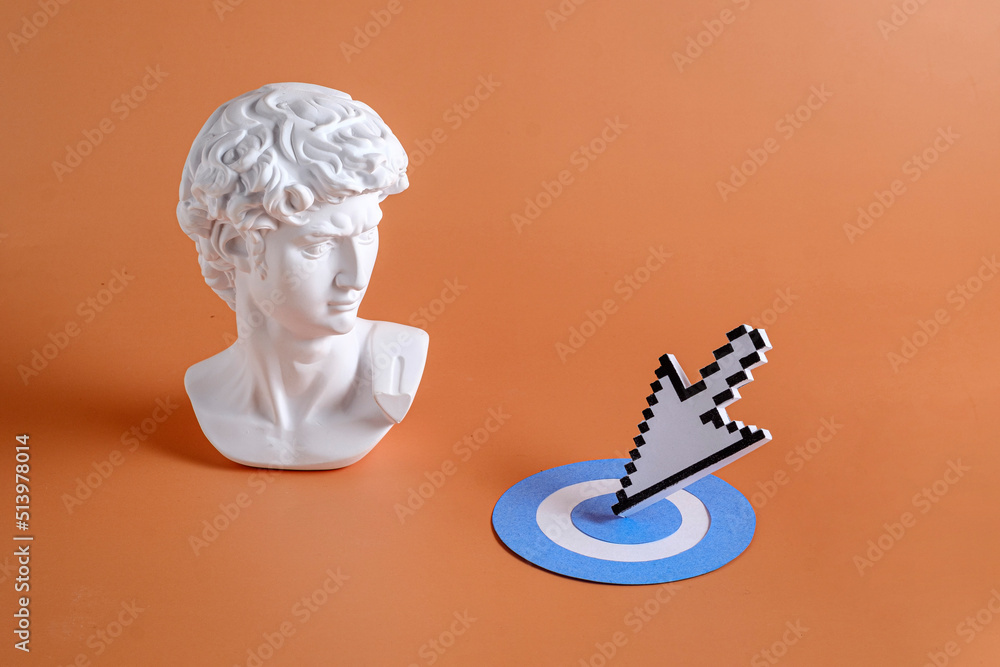 Aufkleber sculpture head and bust of michelangelo's david along with modern internet and web technologies pixe